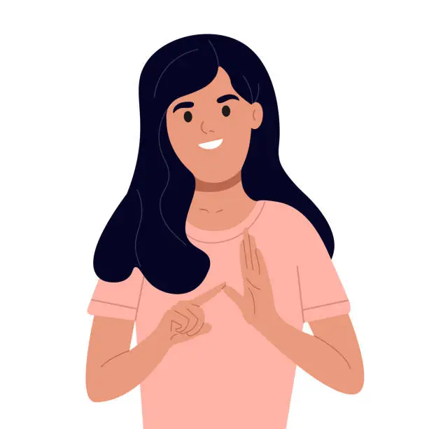 Vector illustration of Person communicate in sign language. Deaf and mute African American woman on white background. International day of sign languages. An adult learns sign language for the deaf disabled.