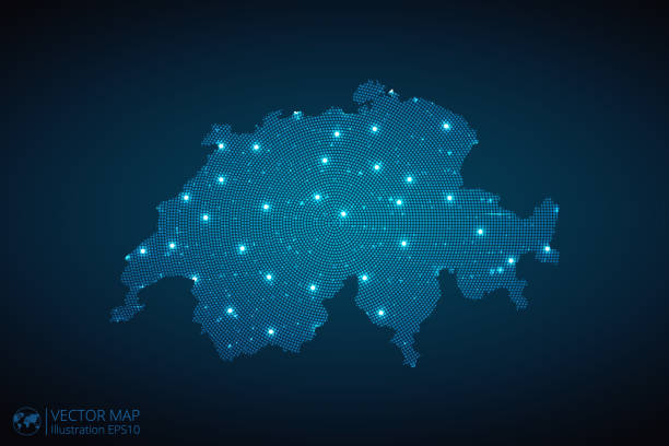 istock Switzerland Map radial dotted pattern in futuristic style, design blue circle glowing outline made of stars. concept of communication on dark blue background 1767022974