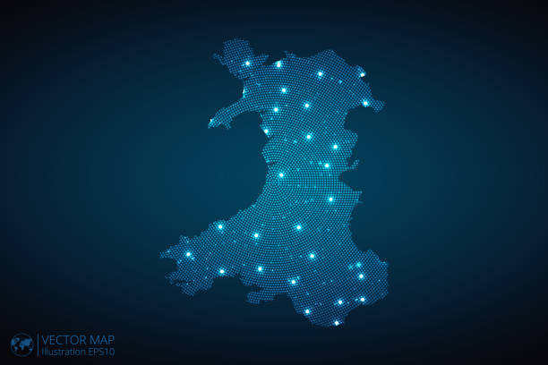 ilustrações de stock, clip art, desenhos animados e ícones de wales map radial dotted pattern in futuristic style, design blue circle glowing outline made of stars. concept of communication on dark blue background - wales cardiff map welsh flag