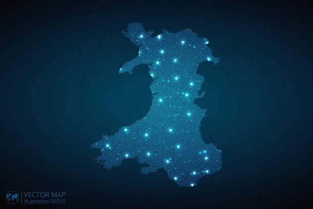Vector illustration of Wales Map radial dotted pattern in futuristic style, design blue circle glowing outline made of stars. concept of communication on dark blue background