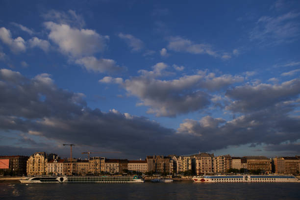 Panorama of Budapest waterfront on Danube river at sunset. Budapest, Hungary - 7 May, 2019