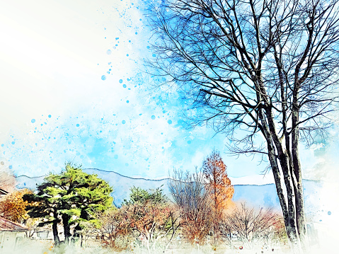 Digital painting of a dry stone wall cuts through the vista of green trees, fields and hills in the Peak District National park. The flat top of Shuttlingsloe can be seen in the distance.