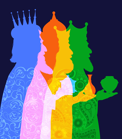 Colourful silhouettes of the Three wise men - three kings. Happy Holidays - short phrase, Christmas, Religion, Christianity, winter, celebration,