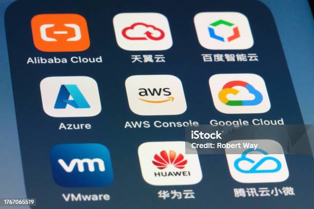 Assorted Cloud Computing Platforms App Icons Stock Photo - Download Image Now - Amazon Web Services, Microsoft Azure, Microsoft