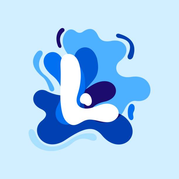 ilustrações de stock, clip art, desenhos animados e ícones de letter l pure water logo. swirling overlapping shape with splashing drops. - letter l water typescript liquid