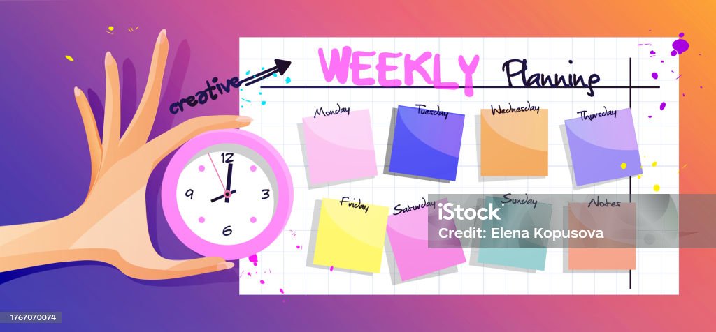 Weekly Activity Animation Creative Weekly Planner In Cartoon Style A Womans Hand With A Clock ...