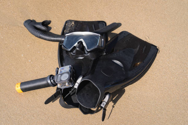 istock Snorkeling equipment and action camera on a selfie stick on the sandy beach. 1767085739