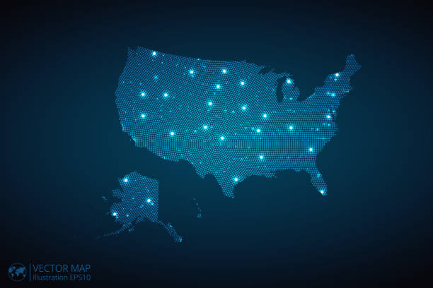 istock United States of America Map radial dotted pattern in futuristic style, design blue circle glowing outline made of stars. concept of communication on dark blue background 1767087426