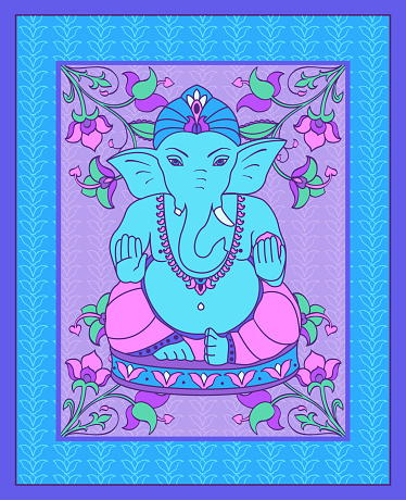 Blue postcard with Lord Ganesha. Neon color Indian poster. Design for wall hanging carpet.