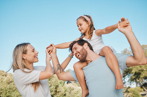 Nature, shoulder carry and happy family kid, mother and father enjoy time together, natural park or fun plane game. Freedom, support and walking mom, child and papa bonding, playing or piggyback girl