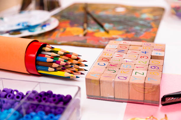 istock Hobbies:  Scrapbooking and art supplies on craft work table. 176710473