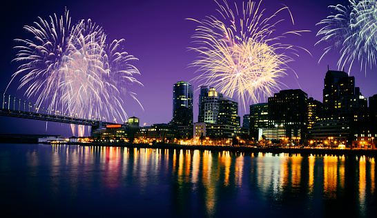 Happy New Year Fireworks on San Francisco California USA. Toned Image.