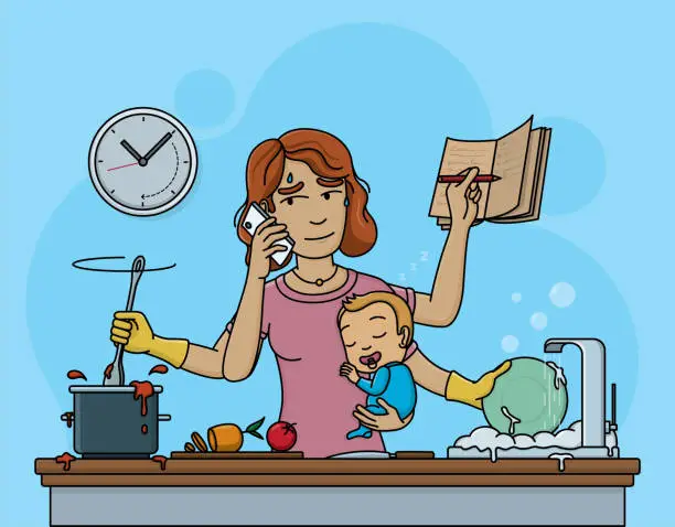 Vector illustration of Multitasking housewife doing several chores at the same time