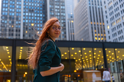 Portrait of a young and successful businesswoman in downtown Chicago - Stock Photo