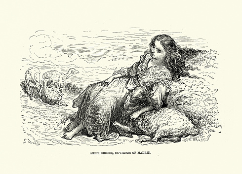 Vintage illustration of Shepherdess with her flock of sheep, Madrid, Spain, illustrated by Gustave Dore, Spanish history 19th Century