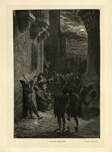 Vintage illustration of Students de la Tuna, Band Serenading on a street at night, Spanish Music, history 19th Century, illustrated by Gustave Dore,