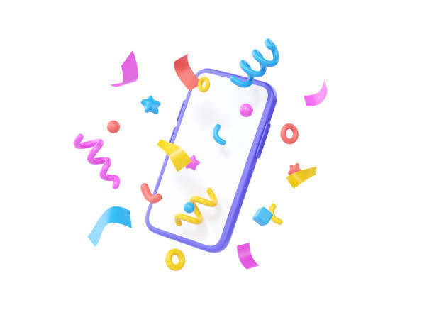 istock 3d phone with confetti, party celebrate cartoon render illustration. Cute smartphone with birthday tape for winner 1767118681