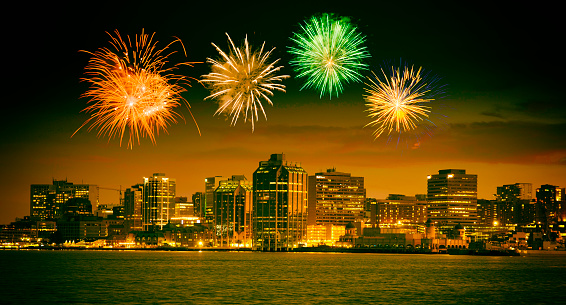 Happy New Year Fireworks on Halifax Nova Scotia. Canada. Toned Image.