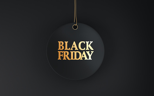 3d Render Black Friday Label with Gold Writing and Hanging on a Rope on a Black Background (Close-Up)