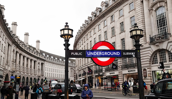 London, UK - March 15, 2023: London Underground public subway sign in Regent Street, London, UK.