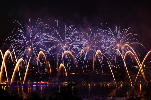 Fireworks over the city of Annecy in France for the Annecy Lake party
