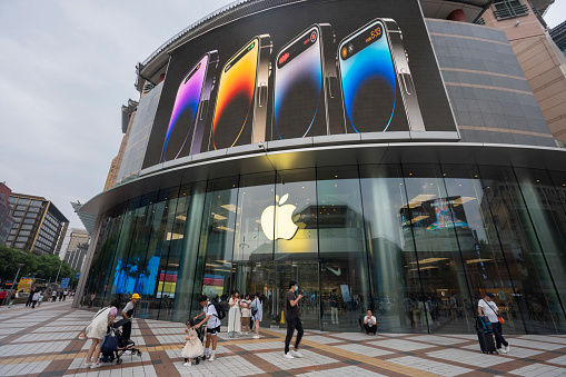 Beijing, China - July 21, 2023: Front view of the Apple Wangfujing Store in Beijing, China. Apple Inc. is an American multinational technology company headquartered in Cupertino, California.