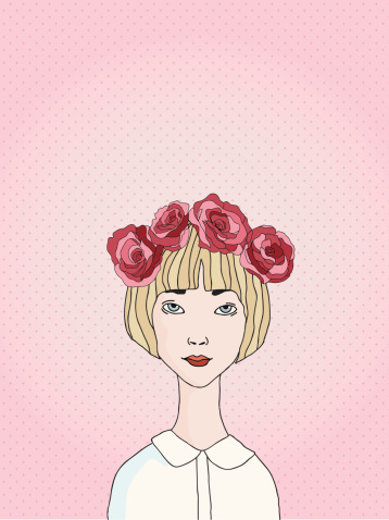 Young blond woman cartoon character with floral headband.