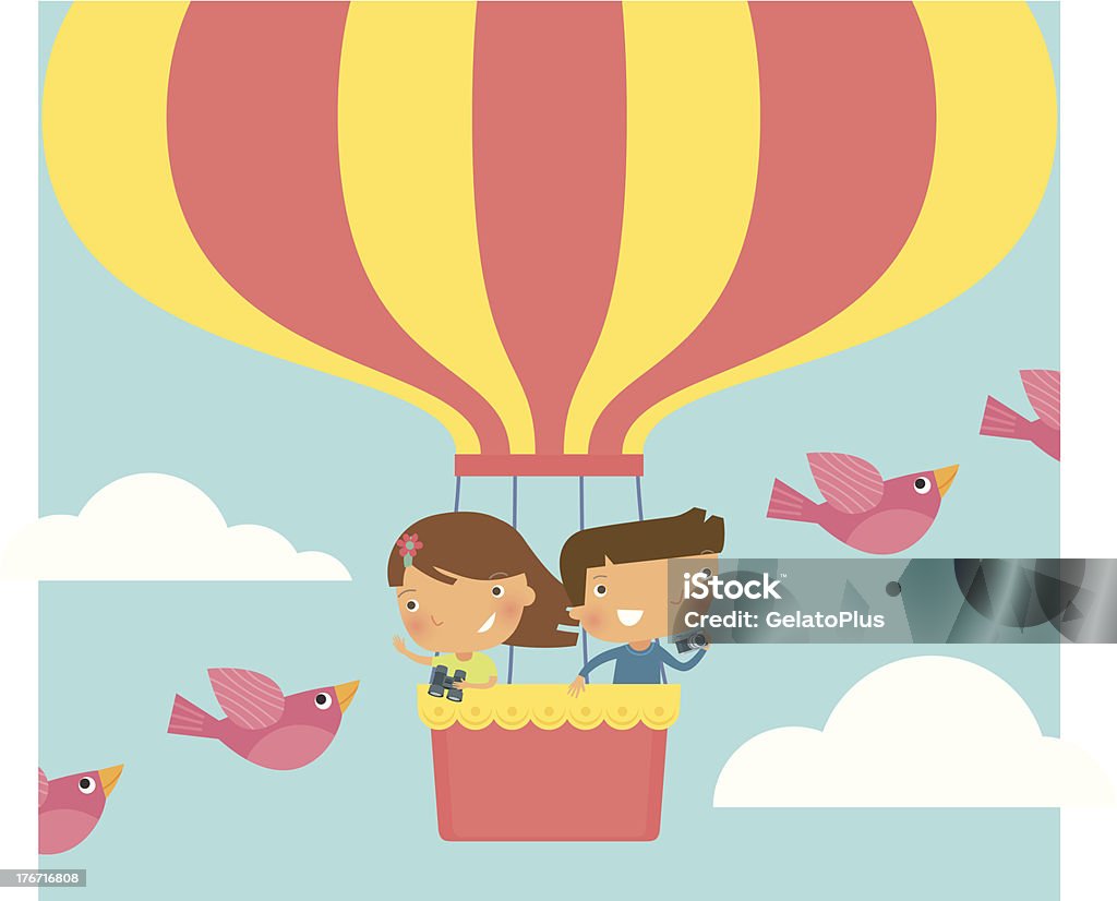 Kid on Hot Air Balloon Kid traveling with hot air balloon. Zip contains AI and hi-res jpeg. Hot Air Balloon stock vector