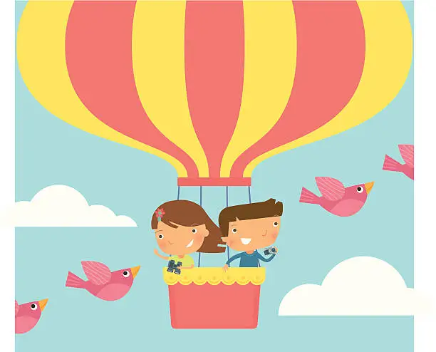 Vector illustration of Kid on Hot Air Balloon