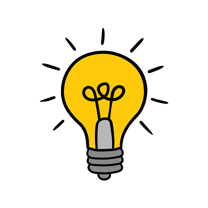 Hand-drawn cartoon doodle icon light bulb isolated on a white background. Flat design. Vector illustration.