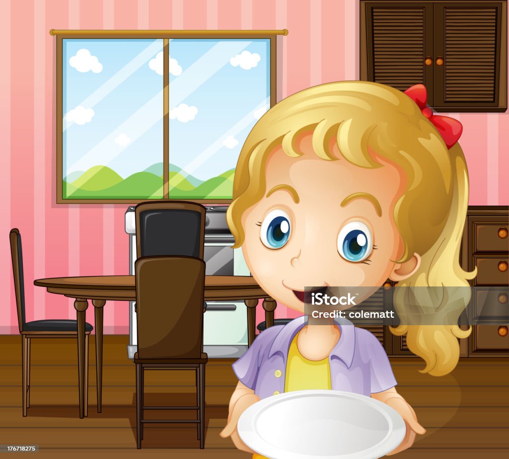 girl holding an empty plate in the dining area Illustration stock vector