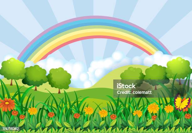 Il Campo E Arcobaleno - Immagini vettoriali stock e altre immagini di Ambientazione esterna - Ambientazione esterna, Animale, Blu