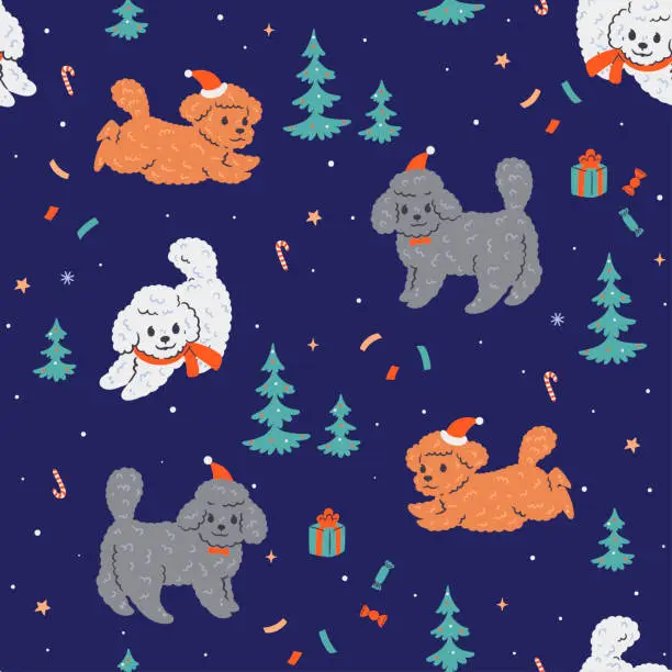 Vector illustration of Christmas seamless pattern with cute poodles and Christmas trees. Vector graphics.