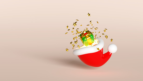 Red Santa hat with gift box, star. merry christmas and festive New Year, 3d render illustration