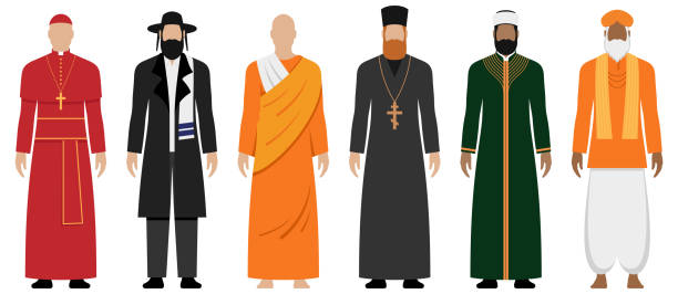 große religionen spirituelle führer mit unterschiedlicher stilkleidung, vektor-illustrationsset isoliert - religiöse kleidung stock-grafiken, -clipart, -cartoons und -symbole