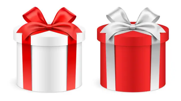Vector illustration of Round shape white and red gift boxes wrapped with ribbons isolated on background vector illustration