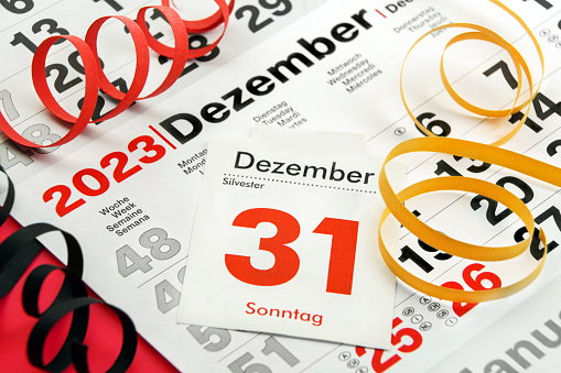 German calendar 2023  December 31 Sunday and January 2024  New Years Eve and Week Monday Tuesday Wednesday Thursday Friday Saturday