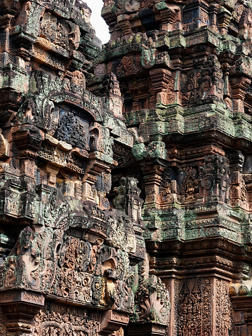 Relief carving details, Banteay Srei Temple, Ankor Wat, Cambodia.