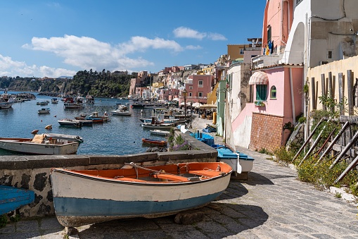 The beautiful port of Corricella in Procida, famous for its vibrantly colorful housing, Italy