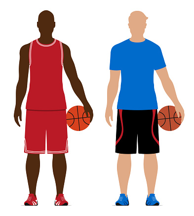 Black and white basketball players holding balls, wearing professional and free style sportswear clothing, vector illustration isolated on white background.