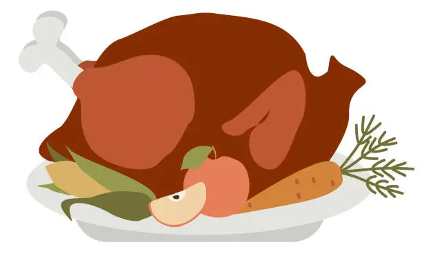 Vector illustration of Roast Turkey on a tray with Corn, Apples and Carrot isolated on white. Vector Cartoon Flat Thanksgiving dish. Holiday Celebration dish, Festive Illustration of Cooked Family Dinner for Card, Banner.