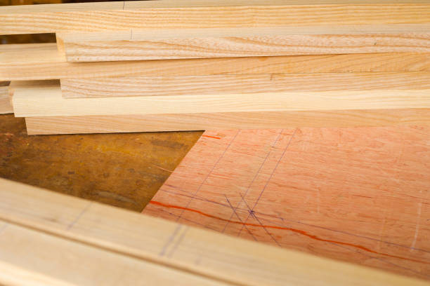 Stacked tropical wood in carpentry in Bangkok stock photo