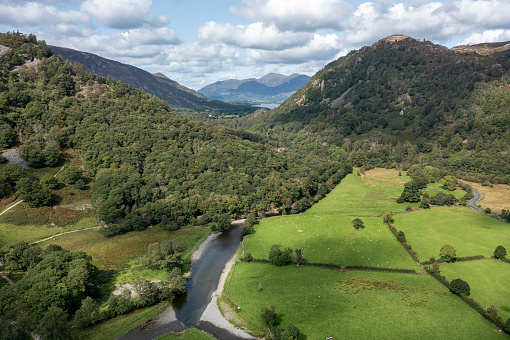 aerial view of the borrowdale valley and river derwent cumbria looking north towards derwentwater keswick and skiddaw