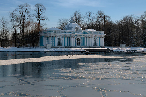 Grotto Pavilion on the shore of the Large pond in the Catherine Park of Tsarskoye Selo on a sunny winter day, Pushkin, Saint Petersburg, Russia