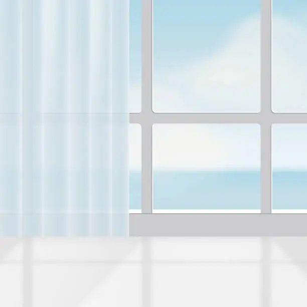 Vector illustration of 3d background with curtain in empty room.