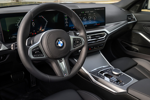 Toronto, Canada - March 23, 2023: Interior of a 2023 BMW 330i (G20) M Sport sedan.