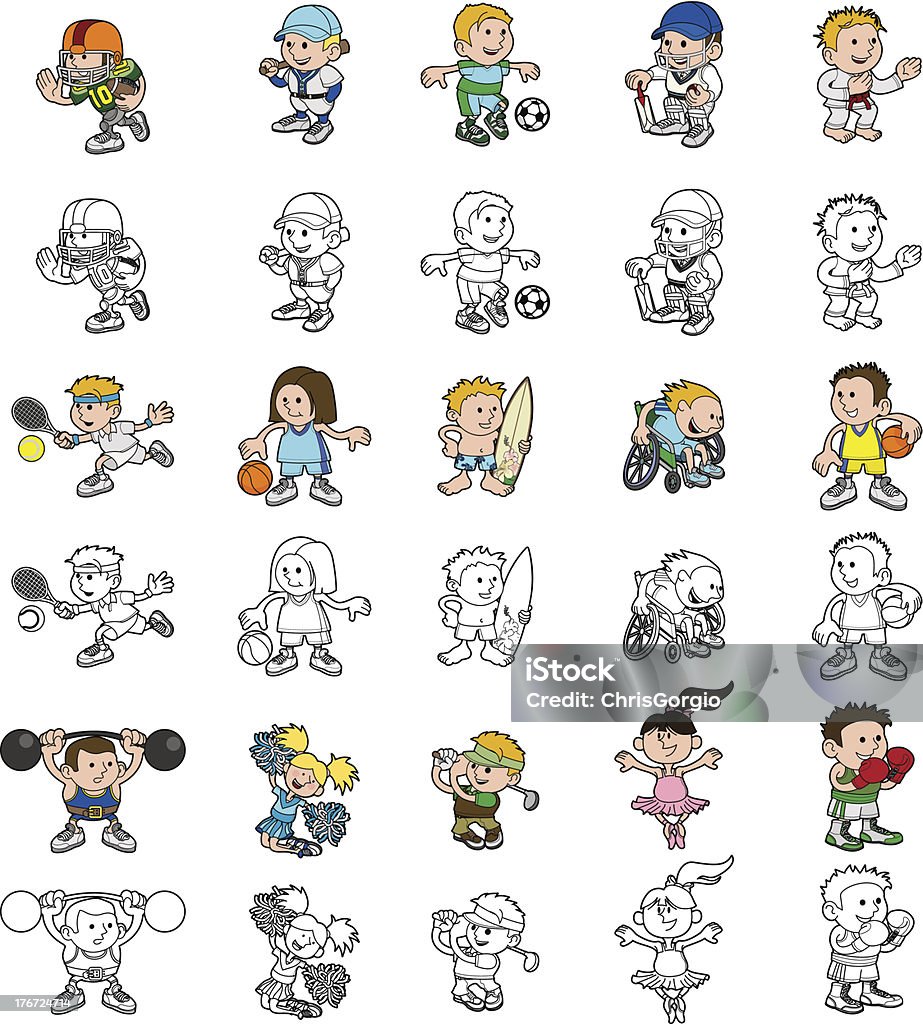 Cartoon people playing sports A set of cartoon people or children playing sports. Color and black and white outline versions. Vector file is eps 10 Cheerleader stock vector