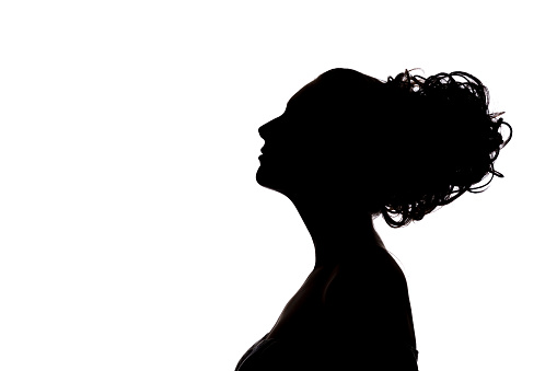 A silhouette of a woman with big hair against a white backdrop