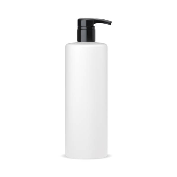 Pump bottle. Cosmetic shampoo dispenser container Pump bottle. Cosmetic shampoo dispenser container mockup. Sanitize foam plastic package with valve, sanitary antibacterial product template. Pump dispenser valve vial, shower gel hand water pump stock illustrations