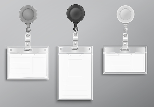 Set of realistic blank office ID cards with round clasp reel holder clip. Vector illustration
